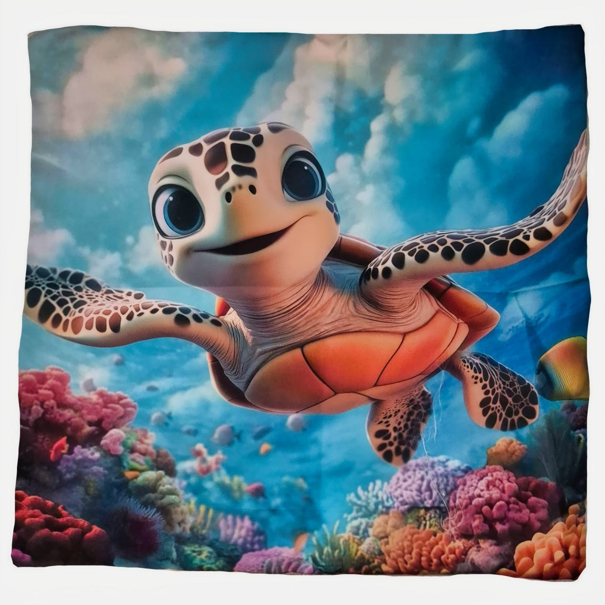 Cushion cover with a cartoon turtle and coral reef design