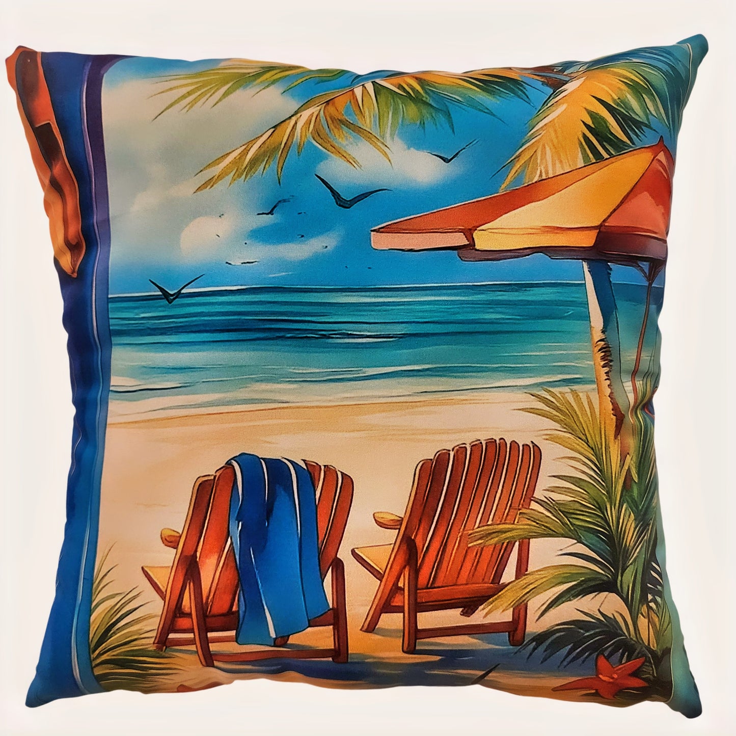 Decorative pillow with a beach scene featuring lounge chairs, an umbrella, and palm trees.