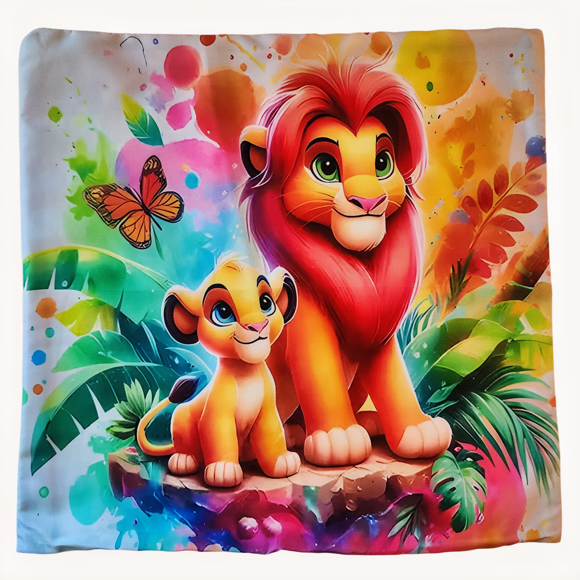Colorful blanket with cartoon lions and jungle elements