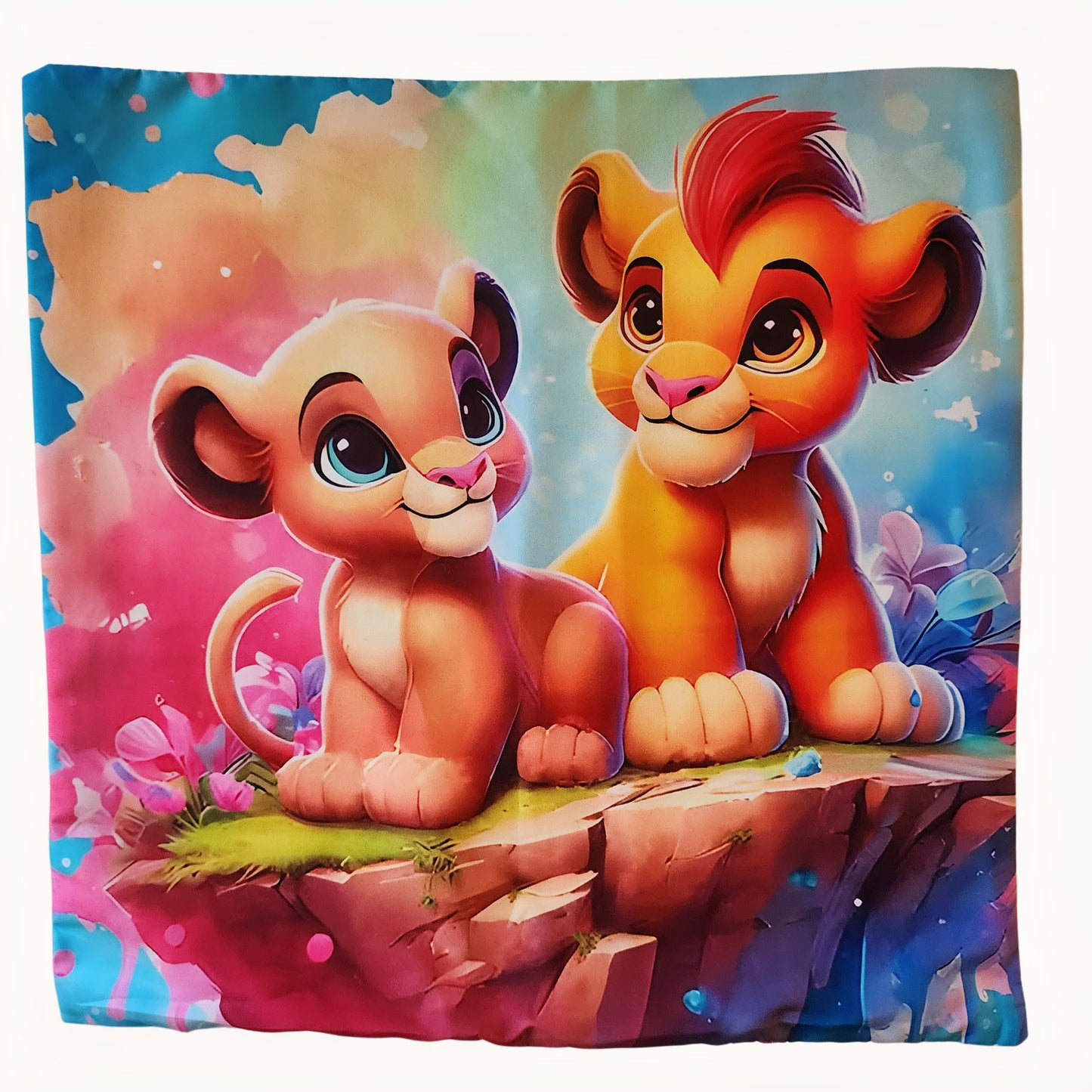 Two cartoon lion cubs sitting on a colorful background