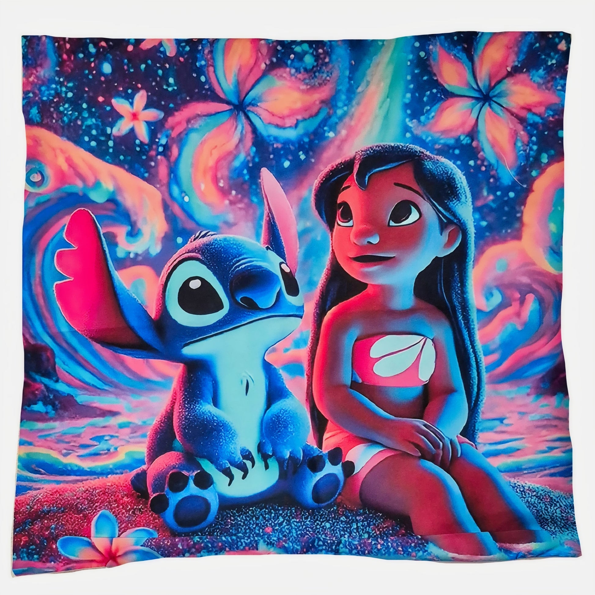 Fleece blanket with cartoon characters Lilo and Stitch on a colorful background