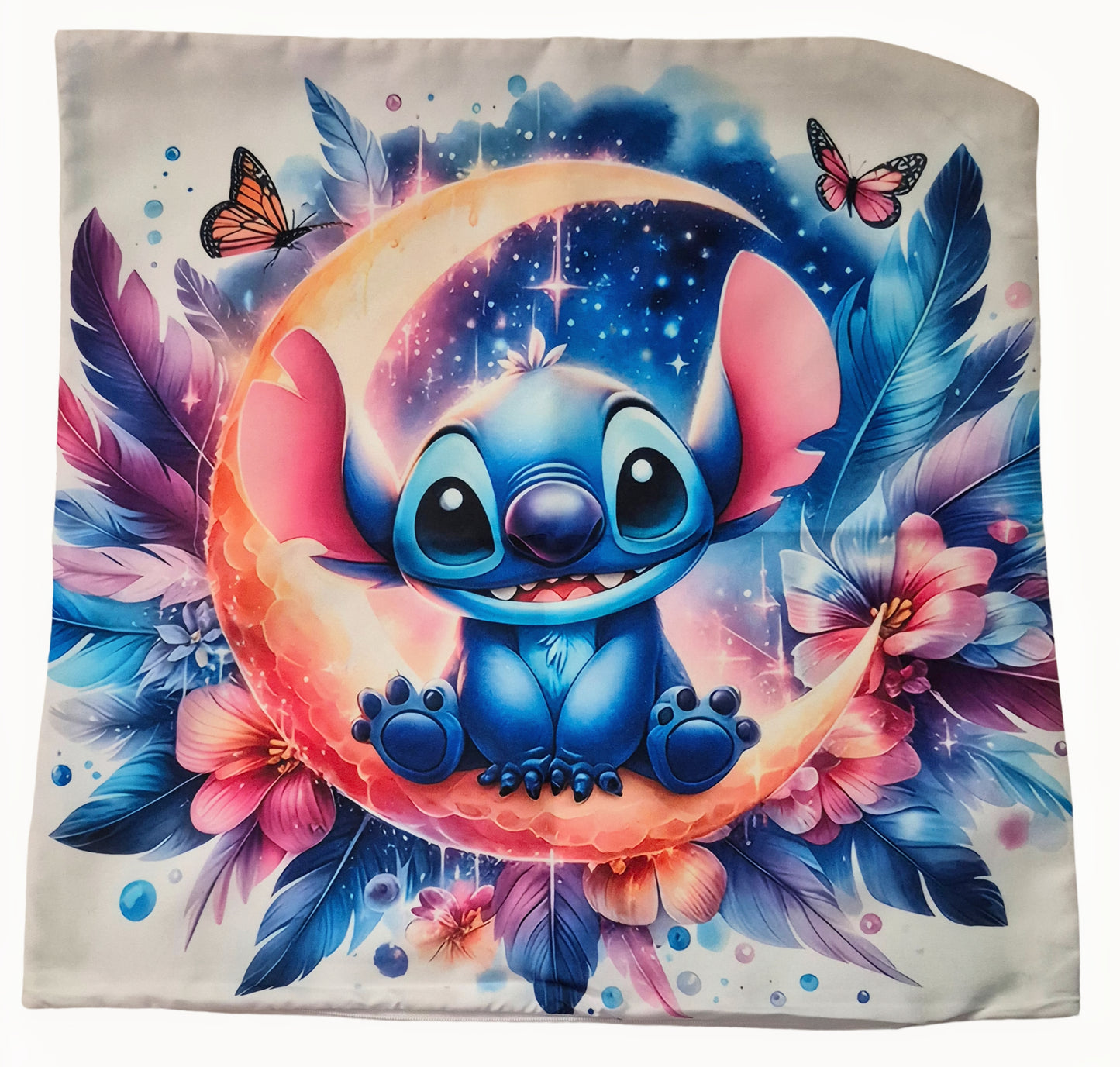 Cute cartoon character surrounded by flowers, butterflies, and a colorful moon on a blanket.