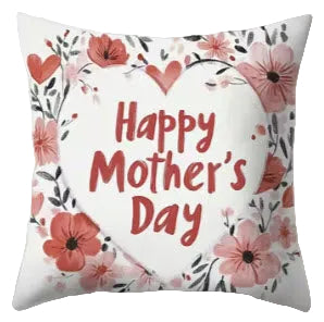 Decorative pillow with 'Happy Mother's Day' text and floral design on a white background