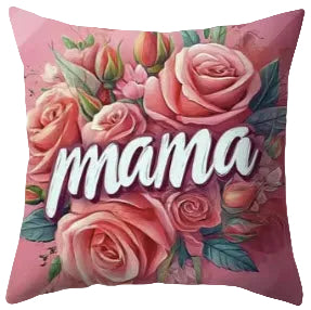 Decorative pillow with pink roses and the word 'mama' on a white background