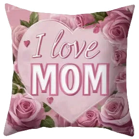 Decorative pillow with 'I love Mom' text and pink roses on a white background