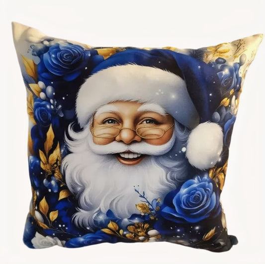 Decorative pillow with a festive design featuring a smiling face surrounded by blue roses and gold accents.