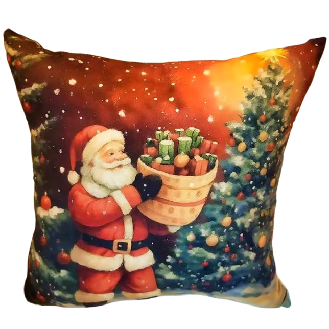 Decorative pillow with Santa Claus holding a basket of gifts against a festive background.