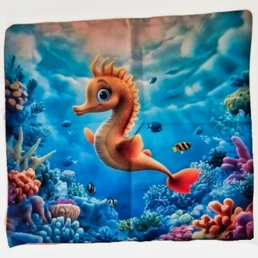 Fleece blanket with a cartoon seahorse and underwater scene