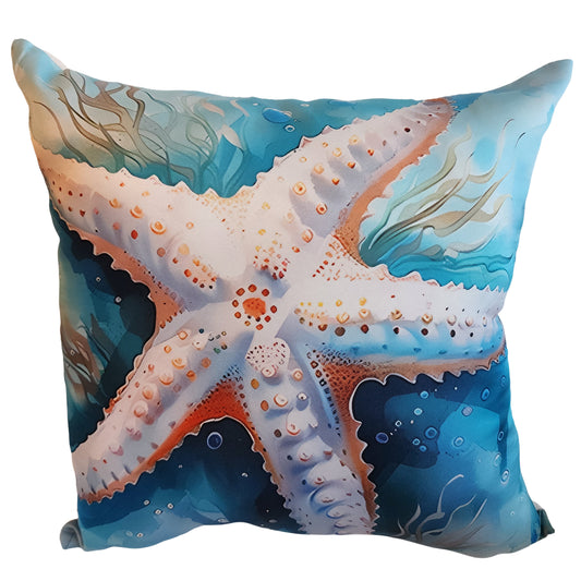 Decorative pillow with a starfish design on a blue ocean background