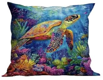 Decorative pillow with a colorful turtle and coral reef design.