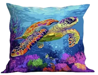 Colorful turtle pillow with a blue underwater scene background