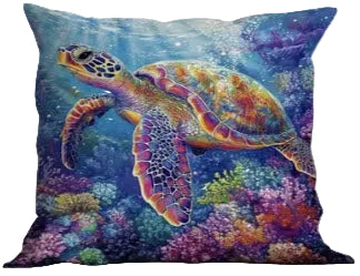 Decorative pillow with a colorful under water turtle and coral design