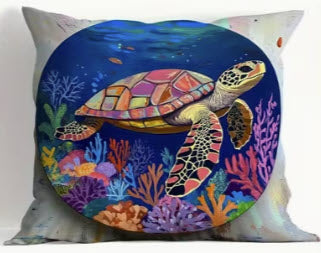 Decorative pillow with a colorful turtle design on a blue background