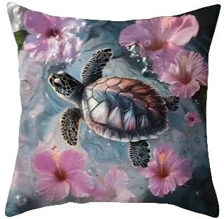 Decorative pillow with a turtle and pink flowers design on a blue background